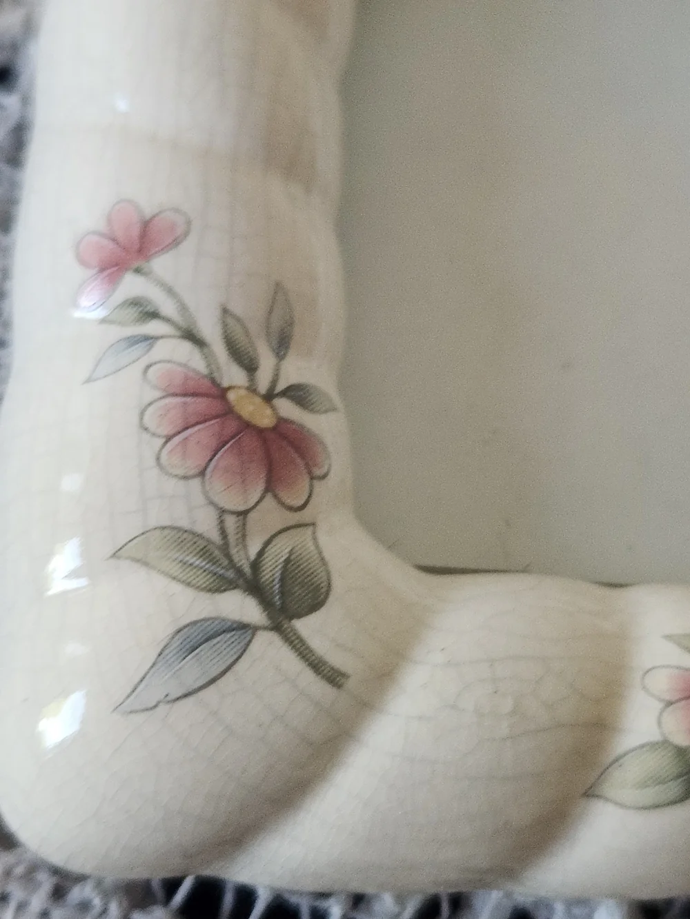 Vintage Cottagecore Cream Ceramic Picture Frame with Pink Floral Accents